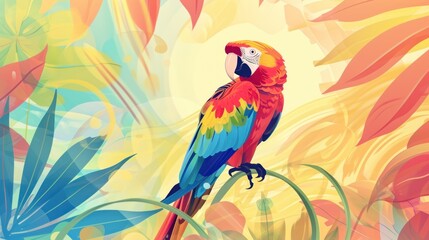 Obraz premium a colorful parrot sits on a branch in front of a background of tropical plants and leaves, with a yellow and blue bird in the middle of the foreground.