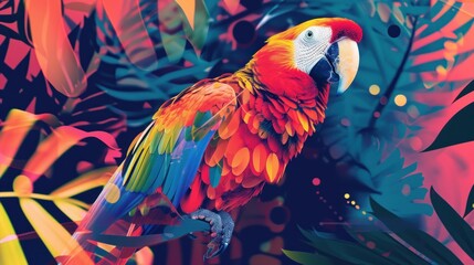 Obraz premium a colorful parrot sits on a branch in front of a tropical background of leaves and flowers, with a red, yellow, blue, and green parrot's.