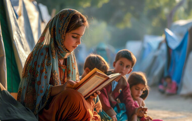 Sunset Learning: Young Girl Reading with Peers in Refugee Camp