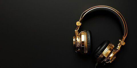 Golden headphones on a black background, top view, flat lay, place for text on the right