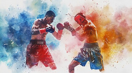 Dynamic watercolor artwork of male boxers in action, a blend of sport and art. Vibrant watercolor strokes. Concept of combat sports, the dynamism of boxing, and artistic expression. - obrazy, fototapety, plakaty