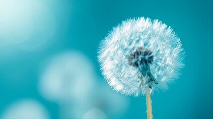 A single dandelion seed head in sharp focus against a turquoise background. Concept of delicate beautiful backdrop, serene and calmness, beauty of nature
