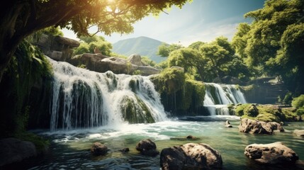 Large powerful tropical waterfall. Masses of water on the big river. Beautiful sunny day. AI Generated