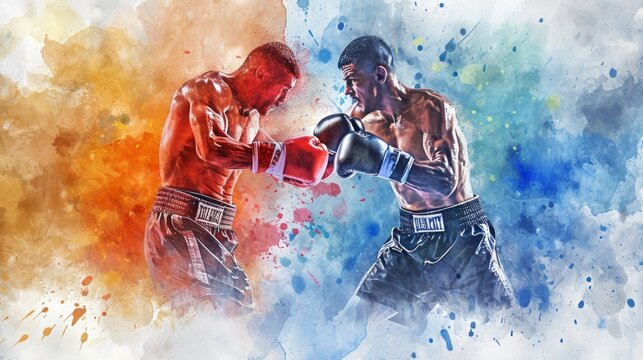 Dynamic watercolor artwork of male boxers in action, a blend of sport and art. Vibrant watercolor strokes. Concept of combat sports, the dynamism of boxing, and artistic expression.