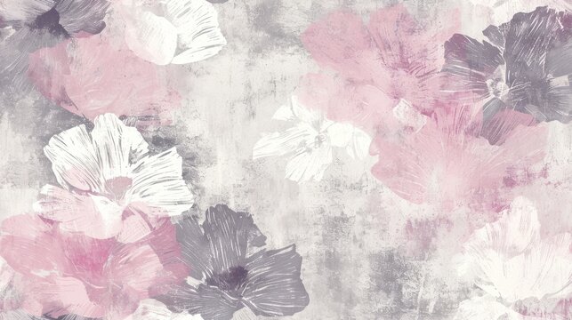  a painting of pink and white flowers on a gray and pink background with a black and white stripe on the bottom of the image and bottom half of the image.