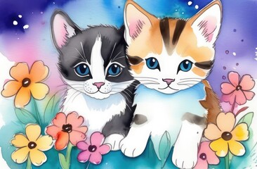 two kittens sitting on a meadow with colorful flowers, friendship concept, watercolor, postcard