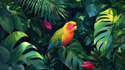  a colorful bird sitting on top of a lush green leaf filled tree filled with lots of green and red leaves and a red and yellow parrot sitting on a branch.