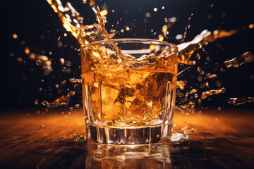 Whiskey, scotch, cognac, brandy, booze ice cube coctail liquor rum drinking high alcohol irish nightclub spirit glass. banner copy space poster background