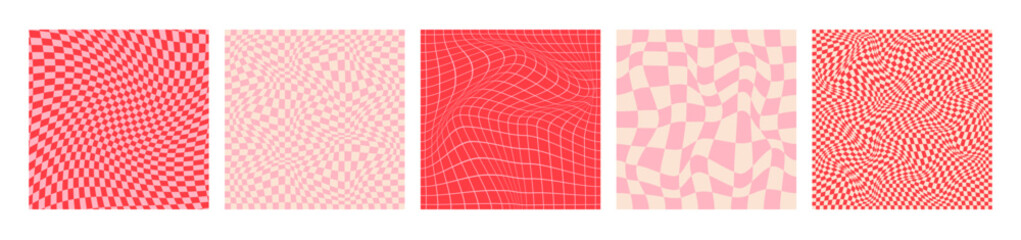 Set of five groovy lovely backgrounds. Happy Valentines day greeting card with patterns in trendy retro 60s, 70s style. - obrazy, fototapety, plakaty