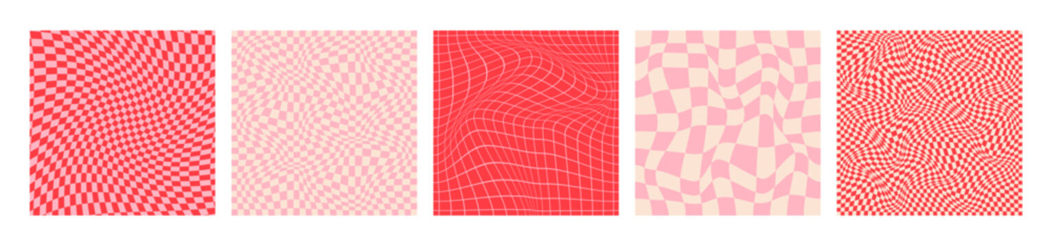 Set of five groovy lovely backgrounds. Happy Valentines day greeting card with patterns in trendy retro 60s, 70s style.