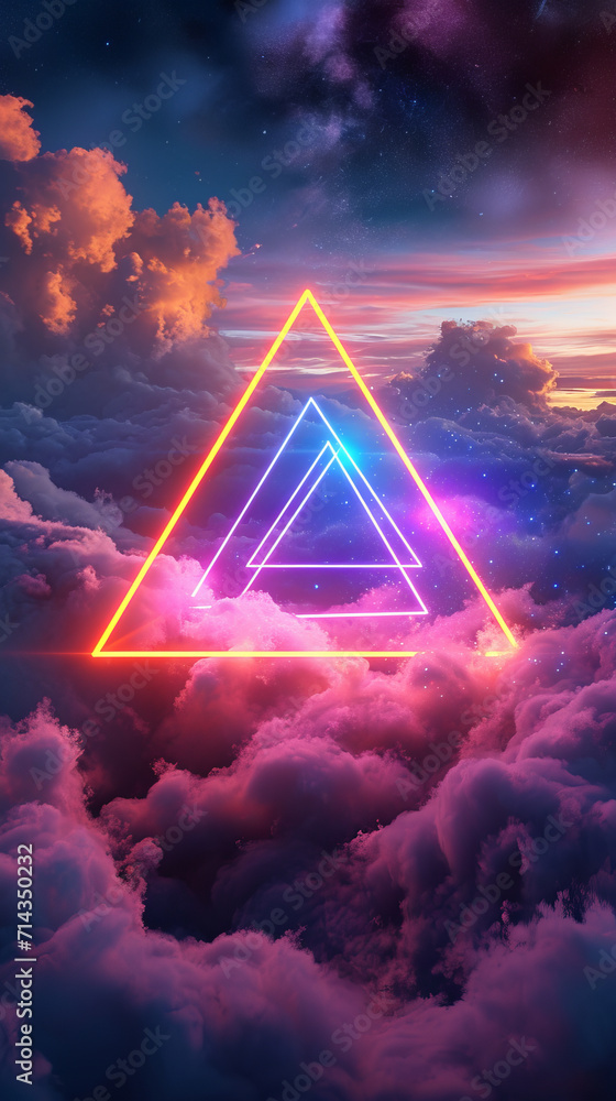 Aufkleber abstract neon glowing triangle surrounded by fog and clouds. modern design background