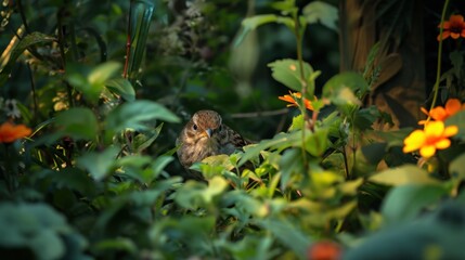Obraz premium a small bird sitting on top of a lush green forest filled with orange and yellow flowers on top of a lush green forest filled with lots of leaves and orange flowers.