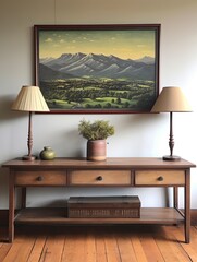 Pure Hilltop Panorama Decor Vintage Painting: Farmhouse Tales Atop Hill Ranges.