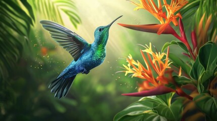  a painting of a hummingbird flying in the air over a flower and a plant with bright yellow and red flowers in the foreground and green foliage in the background.