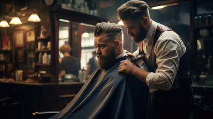 A person getting a stylish haircut in a classic barbershop, a moment of grooming and transformation. - obrazy, fototapety, plakaty