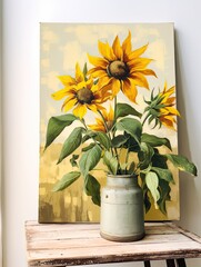 Retro Sunflower Canvas: Classic Flower Painting in Farmhouse Style