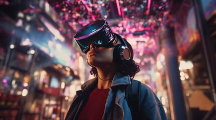 A person wearing a futuristic virtual reality headset in a digitally immersive environment, blending real and digital worlds in vivid detail.