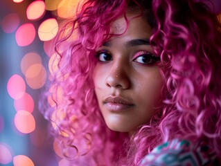 Photorealistic Teen Indian Woman with Pink Curly Hair vintage Illustration. Portrait of a person in 1970s era aesthetics. Disco fashion. Historic photo Ai Generated Horizontal Illustration.