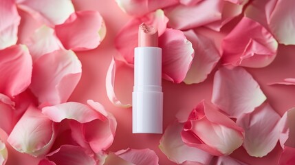  a close up of a lipstick on a pink background with petals of pink and white flowers on the bottom of the lipstick and the top of the lip of the lipstick. - obrazy, fototapety, plakaty