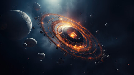 A futuristic space station surrounded by glowing orange rings and numerous asteroids, set against the backdrop of deep space with distant planets and stars