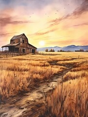 Rustic Barn and Farmland Views: Grainery Glow Vintage Art Print