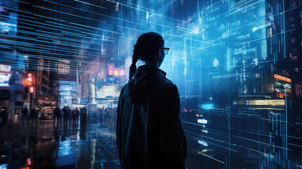 A futuristic photo showcases a holographic interface displaying data in a seamless blend of virtual and physical worlds.