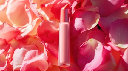  a close up of a tube of lipstick on a bed of pink and white flowers with pink petals on the bottom and bottom of the tube and bottom of the tube.