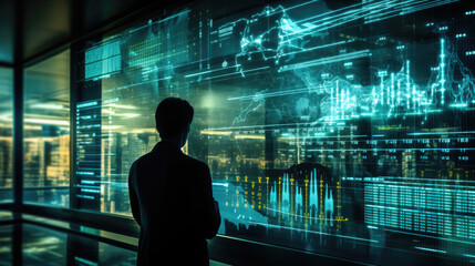 A high-tech photograph of a futuristic digital interface displaying real-time financial data, a scene that epitomizes the cutting edge of data visualization and financial technology