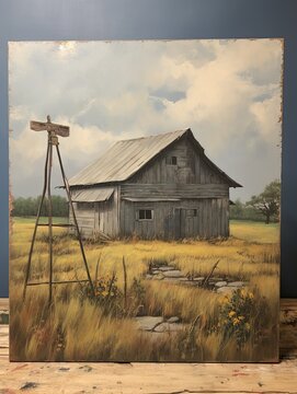 Rustic Barn and Farmland Views: Vintage Painting, Rural Rhapsody in Field