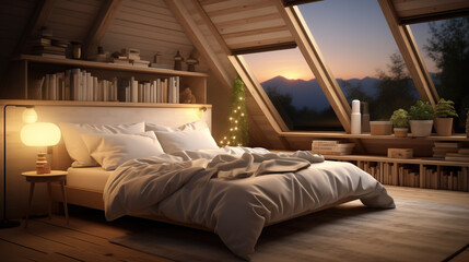 A photo features a Scandinavian-style bedroom on a mansard floor, softly lit by daylight. The window is excluded from the frame, emphasizing the elegant simplicity of the design.