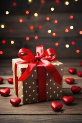 Obraz premium Elegant Gift with Rustic Charm - Red Satin Ribbon on Wooden Surface, Valentine's Day Concept