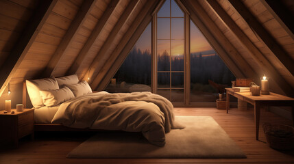 A photo features a Scandinavian-style bedroom on a mansard floor, softly lit by daylight. The window is excluded from the frame, emphasizing the elegant simplicity of the design. - obrazy, fototapety, plakaty