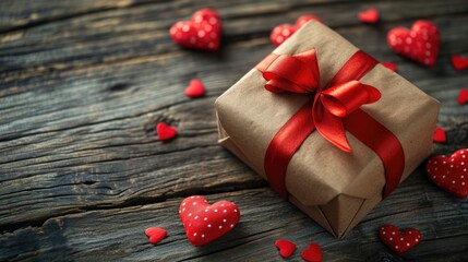 Elegant Gift with Rustic Charm - Red Satin Ribbon on Wooden Surface, Valentine's Day Concept