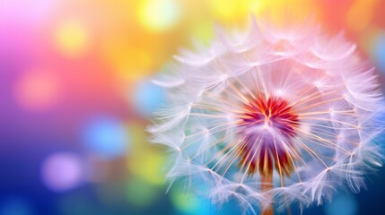 Fluffy Dandelion seed head with a colorful bokeh background. Concept of multicolored backdrop, serene and calmness, beauty of nature, rainbow cheerful shades