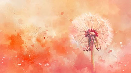 Fotobehang Watercolor illustration of a dandelion with splashes with trendy pastel Peach color. Abstract background. Concept of delicate fashionable backdrop, serene and calmness, beauty of nature, botanical art © Jafree