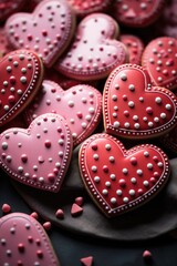 Glossy Red Heart Cookies - Homemade Touch on Grey Background, Valentine's Day Concept