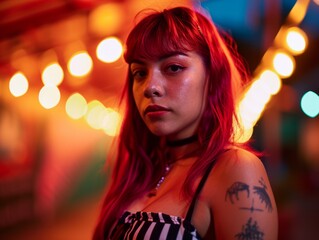 Photorealistic Teen Latino Woman with Red Straight Hair vintage Illustration. Portrait of a person in 1970s era aesthetics. Disco fashion. Historic photo Ai Generated Horizontal Illustration.