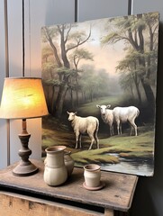 Rustic Livestock Canvas: Vintage Sheep Painting by the Stream
