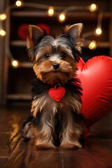 Playful Puppy with Plush Heart - Expressive Eyes on Dark Background, Valentine's Day Concept