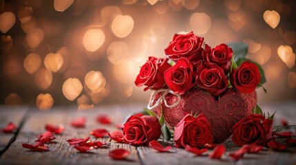 Roses and Heart Box in Romantic Setting - Dreamy Bokeh Lights, Valentine's Day Concept