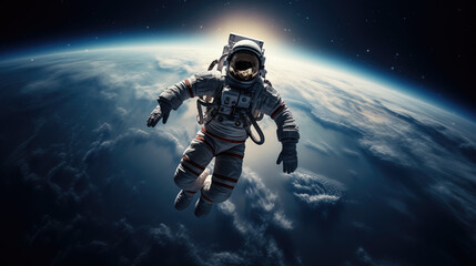 An astonishing photograph of an astronaut gracefully floating in the boundless expanse of space,...