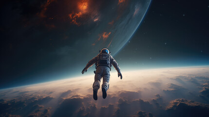 An astonishing photograph of an astronaut gracefully floating in the boundless expanse of space, with the Earth as a captivating backdrop. - obrazy, fototapety, plakaty