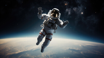An astonishing photograph of an astronaut gracefully floating in the boundless expanse of space,...