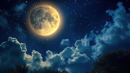  a full moon with clouds and trees in the foreground and a dark blue sky with stars and clouds in the foreground, with trees in the foreground.