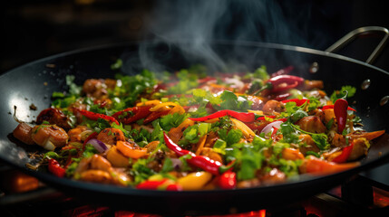 A captivating close-up photograph of a sizzling stir-fry in progress, where colorful ingredients blend in harmony. Steam rises, illuminating the vibrant scene for a visual feast.