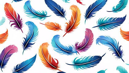 bunte regenbogen federn leicht wirbelnd fließend fliegend als Muster und Vorlage für Hintergründe auf weißem Grund, wie Flügel eines Vogels Symbole der Leichtigkeit und sanfte Liebe - obrazy, fototapety, plakaty