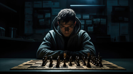 A photo immerses you in the world of chess, featuring a dedicated player contemplating their next move—a moment that highlights the intellectual challenge and focus of the game. - obrazy, fototapety, plakaty