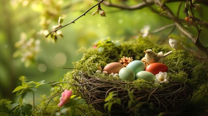  a bird's nest filled with eggs sitting on top of a green moss covered ground next to a twig filled with flowers and a bird's nest with eggs.