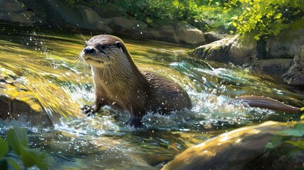 Obraz premium a painting of a river otter in a stream of water with rocks and trees in the background, with sunlight shining through the leaves on the water's surface.
