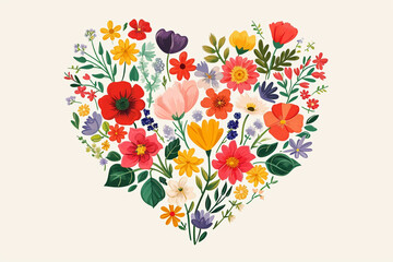 A heart made of various flowers, Valentine’s Day, flat illustration